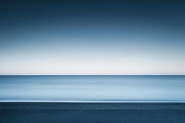 Serene horizon at twilight over calm waters with gentle waves lapping at the shore. Generative AI