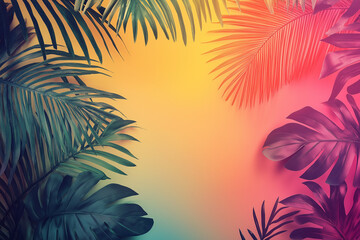 Colorful tropical palm and monstera leaves arranged on a gradient background, creating a vibrant summer frame
