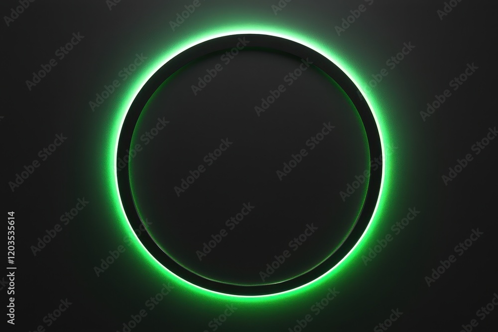 Poster illuminated circular design radiates vibrant green light in a minimalist setting, creating a captiva
