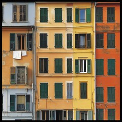 Fototapeta premium Vibrant Colorful Mediterranean Building Facade with Green Shutters