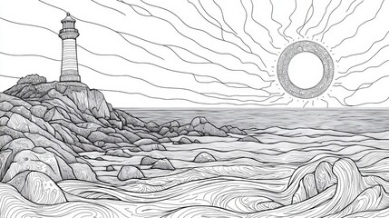 Fototapeta premium Drawing of Lighthouse on Rocky Coast at Sunset