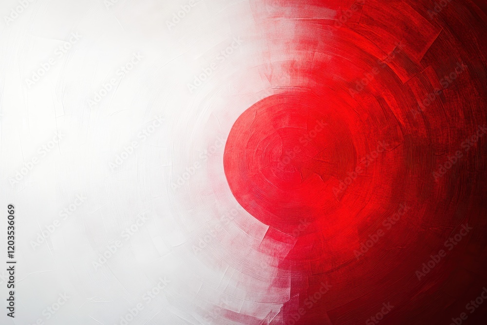 Poster abstract composition in bold red and soft white showcasing a circular form amid dynamic brush stroke