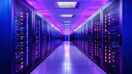 Obraz premium 6. A server farm in a dimly lit room with rows of servers flashing in synchronization, conveying speed and dependability