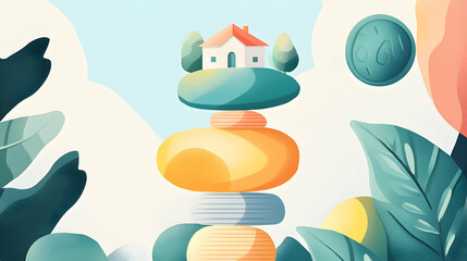 Idyllic house atop balanced stones, nestled in lush foliage, symbolizing stability and serenity; perfect for real estate or well-being websites