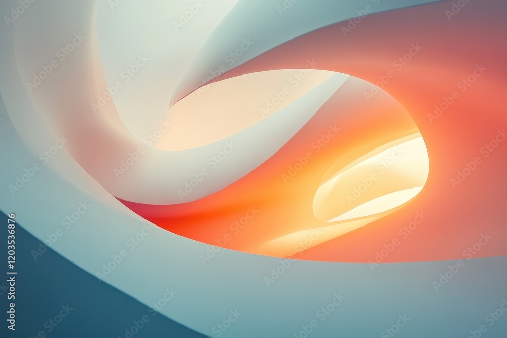 Poster swirling forms create a mesmerizing dance of light and shadow in soft hues of orange and blue. gener