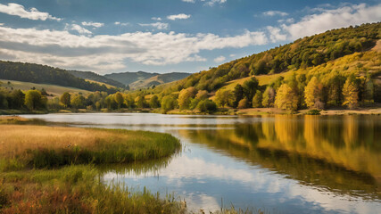 Fototapeta premium Luxurious Golden Nature Landscape with Rolling Hills, Glistening Lakes, and Majestic Trees – Serene and Majestic Outdoor Photography