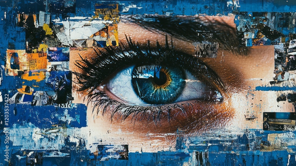 Poster a mesmerizing array of blue tones blends seamlessly, highlighting a striking eye amidst fragments of