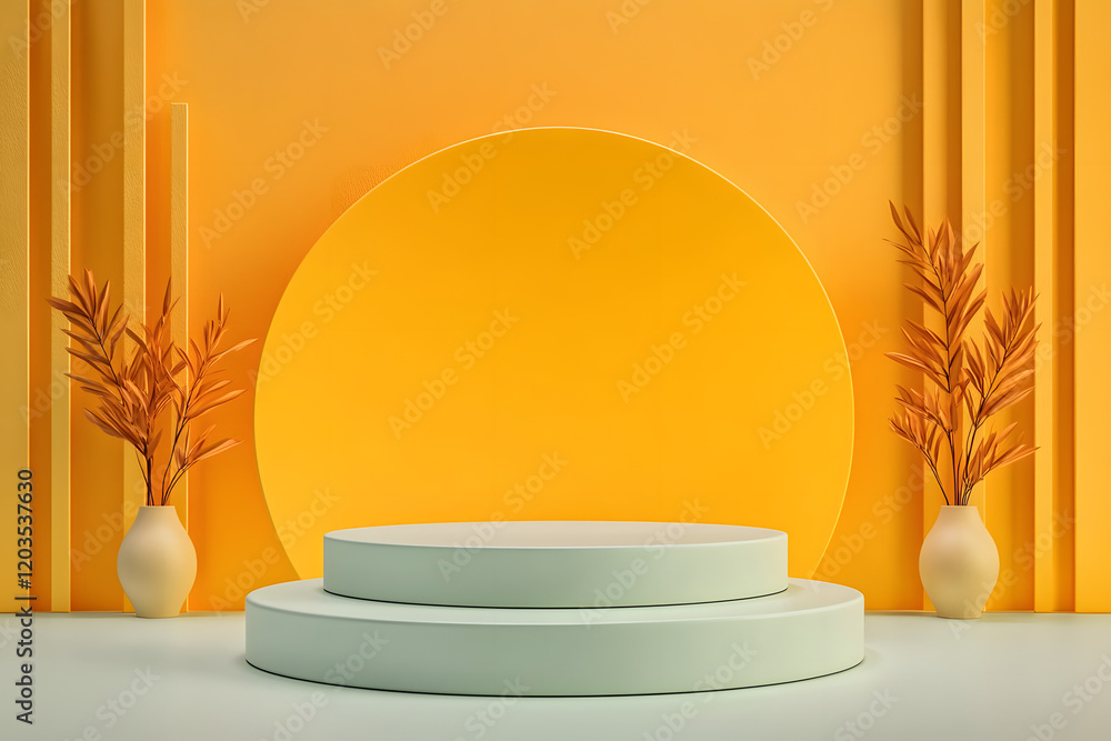 Aufkleber abstract pedestal of platform display with modern stand podium on yellow room background. blank exhi