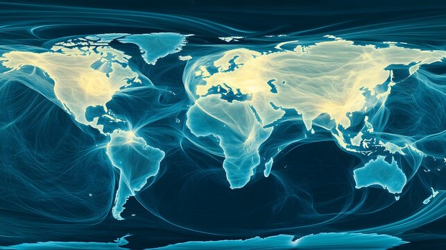 7. An abstract digital representation of the world map with fast-moving data routes, showcasing global hosting reliability