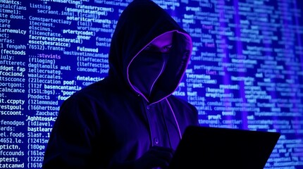 A hacker with Laptop. Cybersecurity Threats and Data Breach Concepts with Binary Code in Background, Hacking the Internet. Cyber attack.Data breach, security threats, cybersecurity, cybercrime
