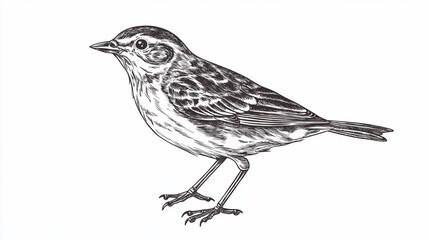 Fototapeta premium Detailed ink drawing of a small bird with intricate feather patterns on a white background