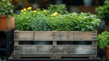 A Rustic Wooden Crate Overflowing with Fresh Herbs and Yellow Flowers Displayed on a Sturdy Table