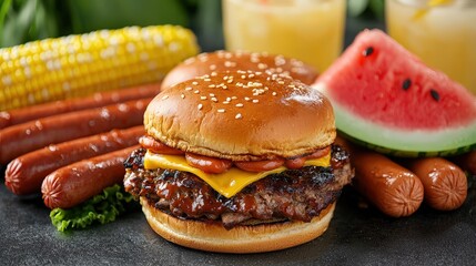 Celebrate the Fourth of July with a mouthwatering cookout featuring grilled burgers, hot dogs, BBQ ribs, corn on the cob, watermelon slices, and refreshing lemonade.