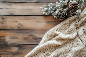 Cozy knitwear, pine cones, and snowy branches creating winter atmosphere on rustic wooden table
