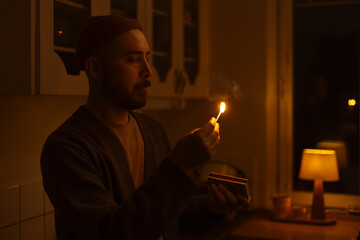 Man with a beard wearing an orange beanie standing in a dark retro looking kitchen lighting a match.