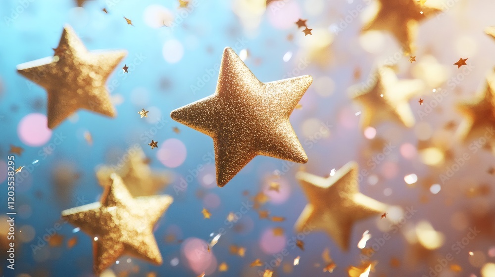 Poster floating 3d stars icons gold holographic style representing top customer reviews shimmering medals f