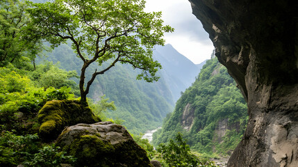 Mountain valley view from cave, tree on rock, lush greenery, tranquil scene, nature photography