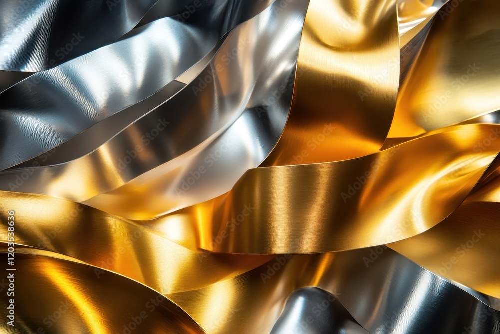 Poster captivating interplay of shimmering gold and silver ribbons flowing gracefully in dynamic patterns. 
