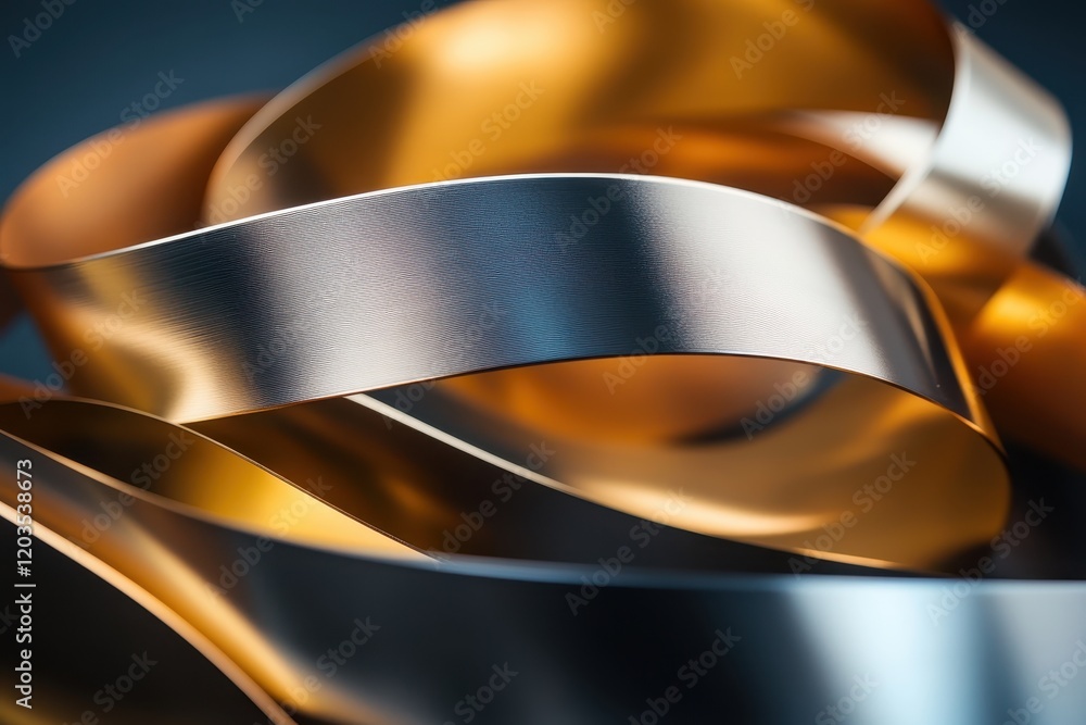 Poster curved metallic ribbons sweep elegantly across a textured surface, capturing light and creating dyna