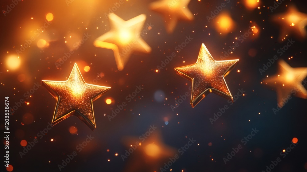 Poster floating 3d stars icons gold holographic style representing top customer reviews shimmering medals f