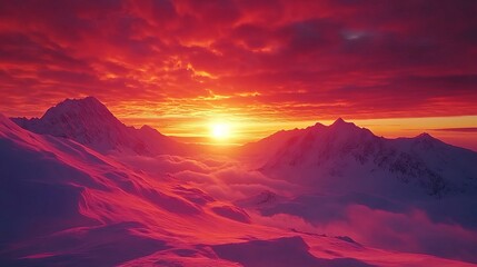 Stunning Vibrant Sunset Over Majestic Mountain Range with Rich Colors and Dramatic Sky