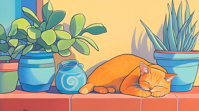 Orange cat sleeping peacefully on sunny patio among potted succulents. Perfect for home decor, greeting cards, or pet-themed products