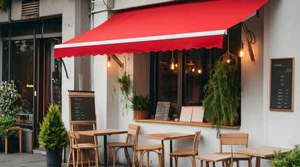 Parisian cafe storefront with red awning, outdoor seating, and plant decorations; evening ambiance, ideal for travel blogs