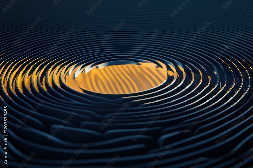 Poster rippling waves create mesmerizing patterns around a luminous golden circle in deep blue waters durin