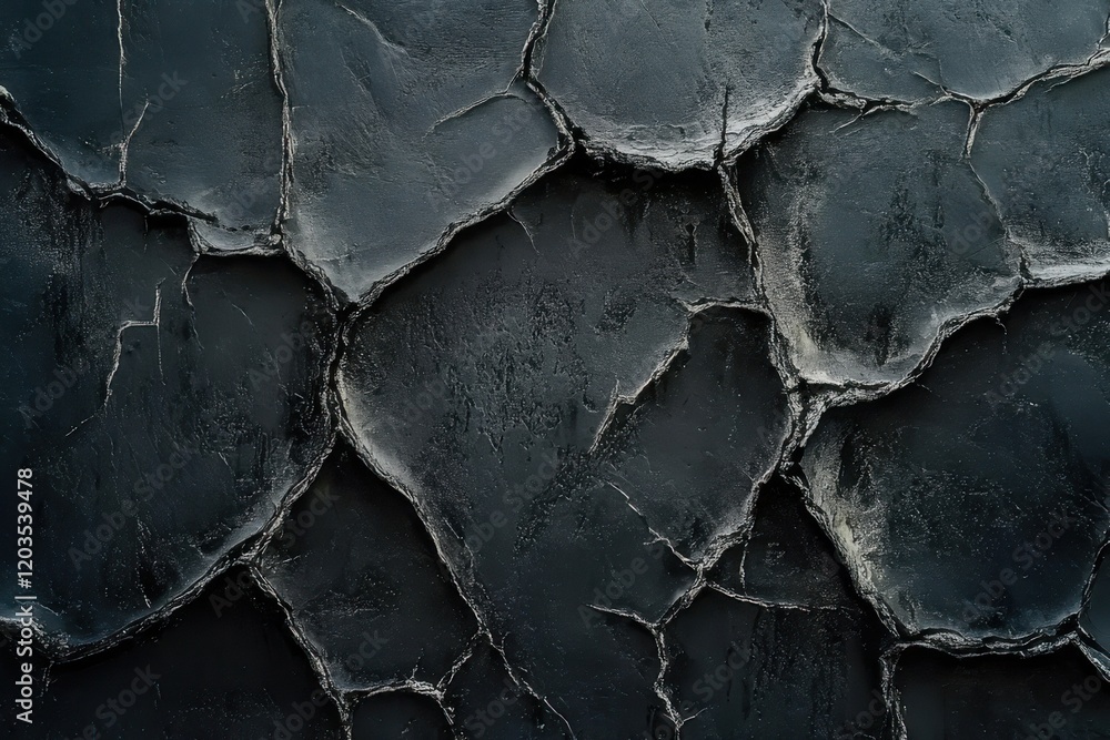 Poster dark and textured surface showcasing cracked patterns in an artistic display of shadows and light. g