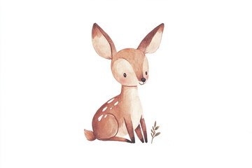 Fototapeta premium The image is a cute, hand-drawn illustration of a baby deer, sitting on the ground with a small branch nearby