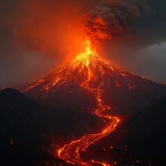 Fototapeta premium volcano full of lava in a volcanic eruption, natural disaster 