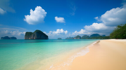 Fototapeta premium Sand Beach with Azure Ocean and Sunny Sky for Relaxing Tropical Vacation