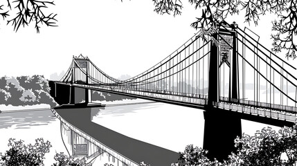 Fototapeta premium A bridge spans a river, with trees in the background. generated using AI