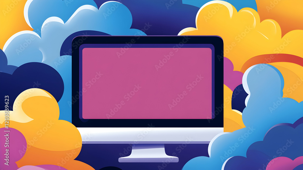 Poster pink screen desktop computer amidst colorful clouds; website design, app development