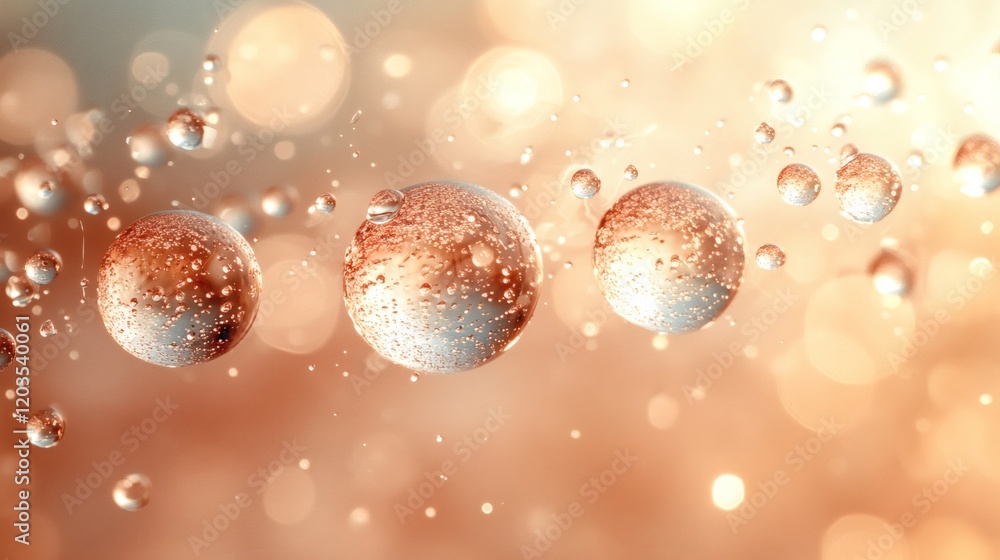 Poster fresh water droplets a soft beige background forming realistic dewy bubbles creating a soothing abst