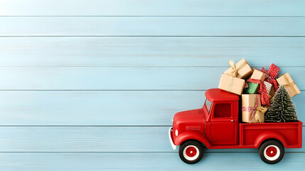 Red toy truck carrying Christmas gifts on light blue wood; holiday background for greeting cards