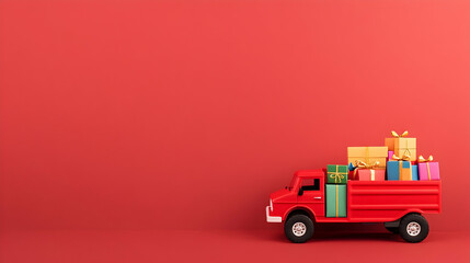Red toy truck delivering gifts against red background; holiday delivery concept, website banner