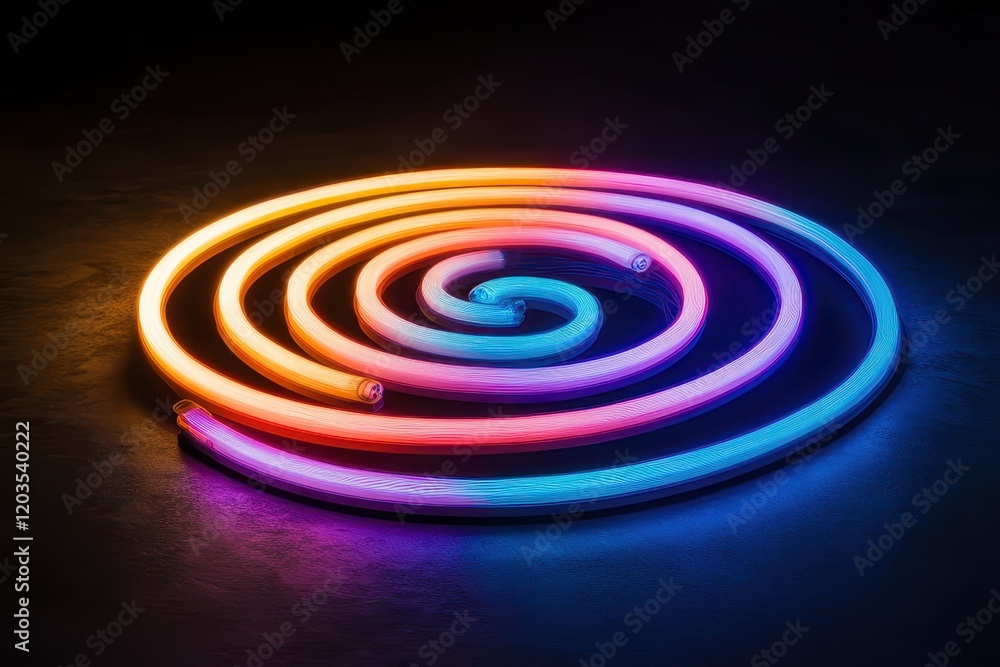 Poster twirling neon lights create a mesmerizing spiral on a dark surface during an artistic installation e