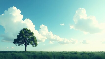 Fototapeta premium Serene Landscape A Single Tree Stands Tall in a Verdant Meadow Under a Sky Adorned with Fluffy White Clouds