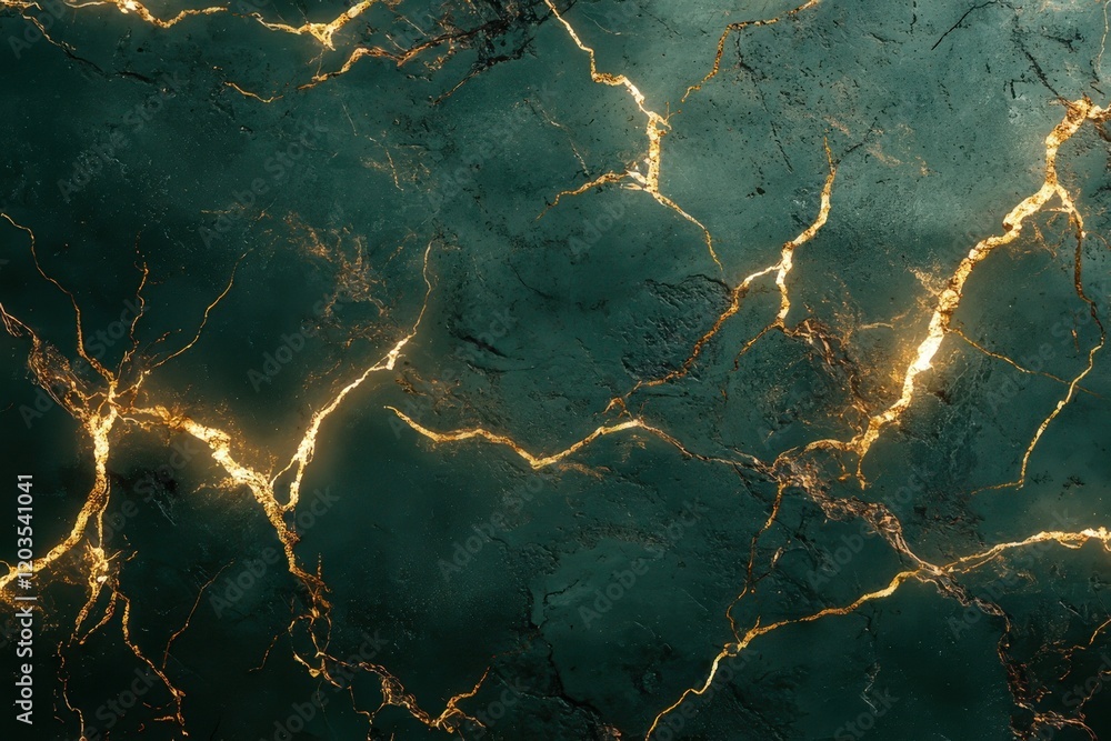 Poster intricate patterns of glowing gold veins on deep green marbled surface create an enchanting abstract