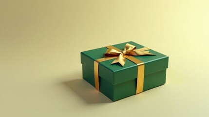 Fototapeta premium A luxuriously wrapped emerald green present box with a golden ribbon bow, resting elegantly on a pale yellow surface.