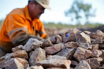 Nyngan Australia June 20th 2012 : Shallow depth of field image of a miner inspecting ore rocks on a conveyor in NSW Australia, Generative AI