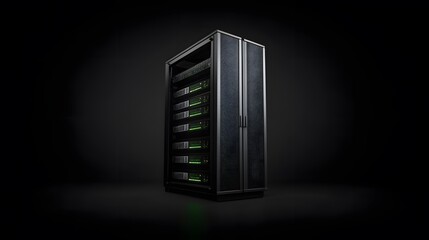 12. A high-tech server rack in a dark environment, with lights flashing to show web hosting performance at its peak