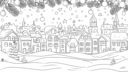 Obraz premium Snowy Christmas town illustration, winter holiday scene, festive background for cards