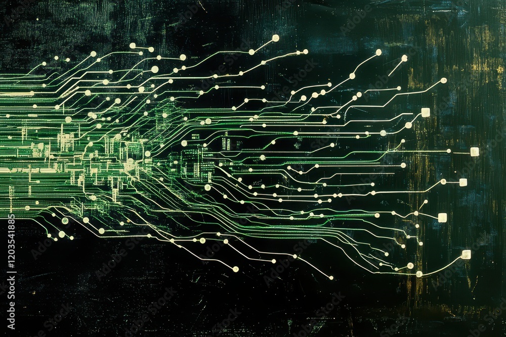 Poster exploring the intricate pathways of technology through circuit patterns in a dark and luminous digit
