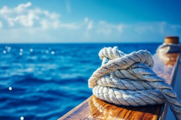 Fototapeta premium Rope securing boat on wooden railing overlooking tranquil blue ocean