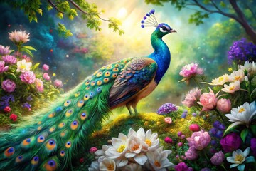 Fototapeta premium Aerial Watercolor Peacock on Flowers - Drone Photography Stock Photo