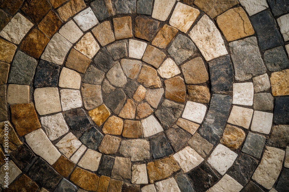 Poster natural stone mosaic forms a mesmerizing spiral pattern in a charming outdoor setting surrounded by 