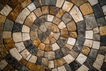 Fototapeta premium Natural stone mosaic forms a mesmerizing spiral pattern in a charming outdoor setting surrounded by greenery and sunlight. Generative AI