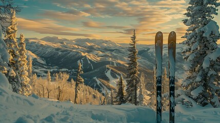  A set of skis propped up in the snow, with a panoramic view of a snowy mountain range in the background.